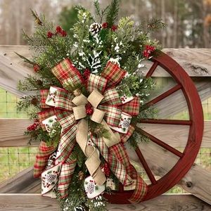 Decorative Christmas Wooden Wheel Door Hanger Ribbon and Garland